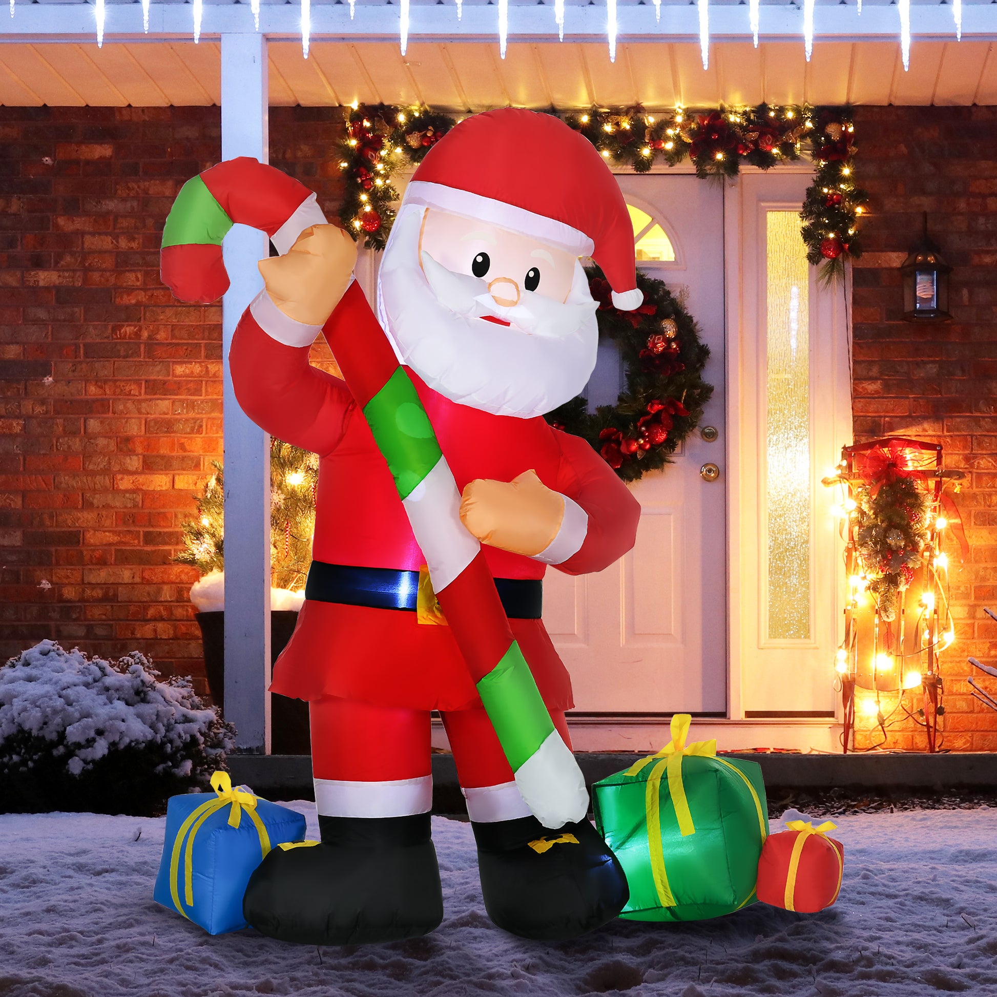 Homcom 6Ft Christmas Inflatables Outdoor Decorationss Decorations Santa Claus With Candy Cane, Blow Up Led Yard Christmas Decor Multicolor Polyester