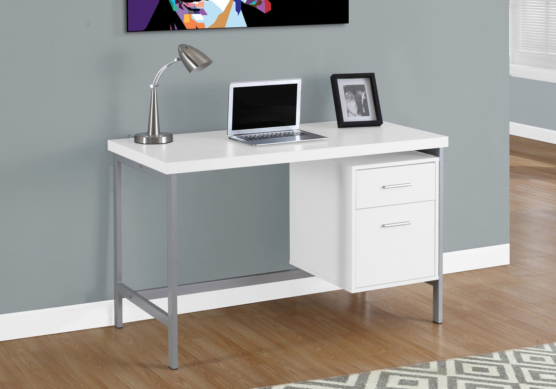 Computer Desk, Home Office, Laptop, Left, Right Set Up, Storage Drawers, 48"L, Work, White Laminate, Grey Metal, Contemporary, Modern White Particle Board