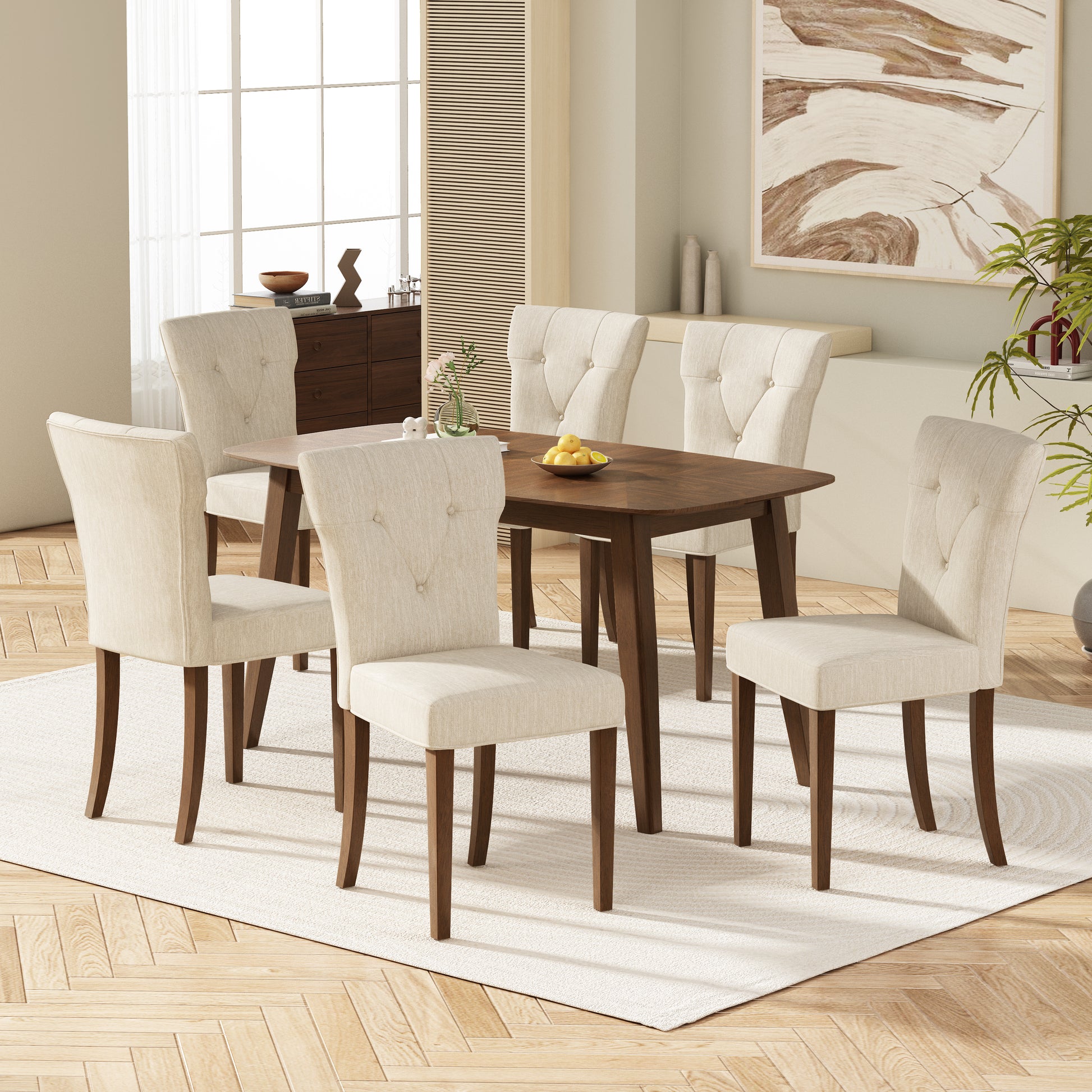 Indoor Wood Dining Set,Dining Chairs Set Of 6 Cream Dining Table Walnut Cream,Walnut Rubber Wood