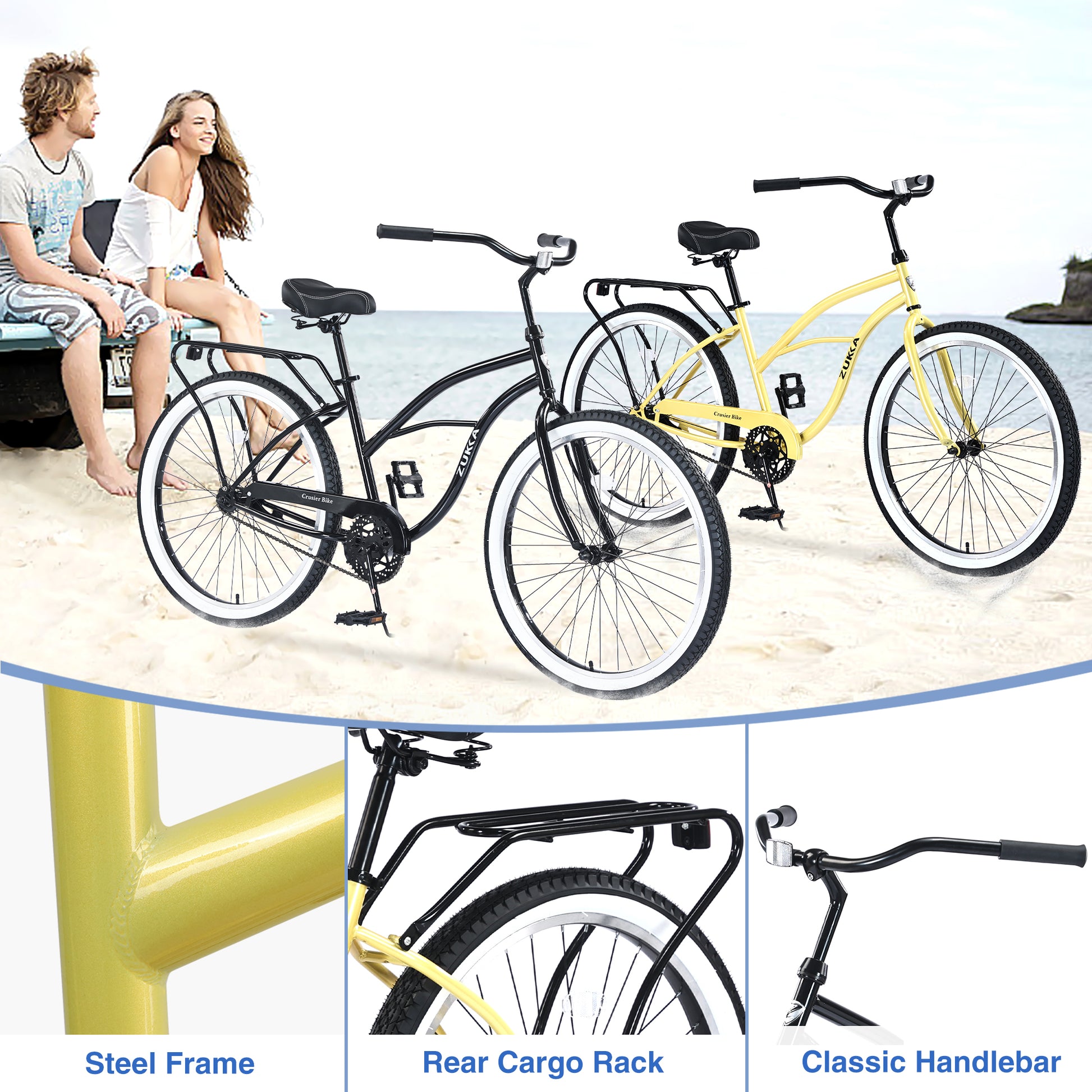 Single Speed Bicycles 26"Inch,Steel Frame, Wide Wheels For Stability, Rear Coaster Brakes,Multiple Colors Women'S Beach Cruiser Bike Cycling Yellow Garden & Outdoor Steel