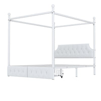 Queen Size Metal Canopy Platform Bed With Upholstered Headboard And Two Storage Drawers, White Queen White Metal