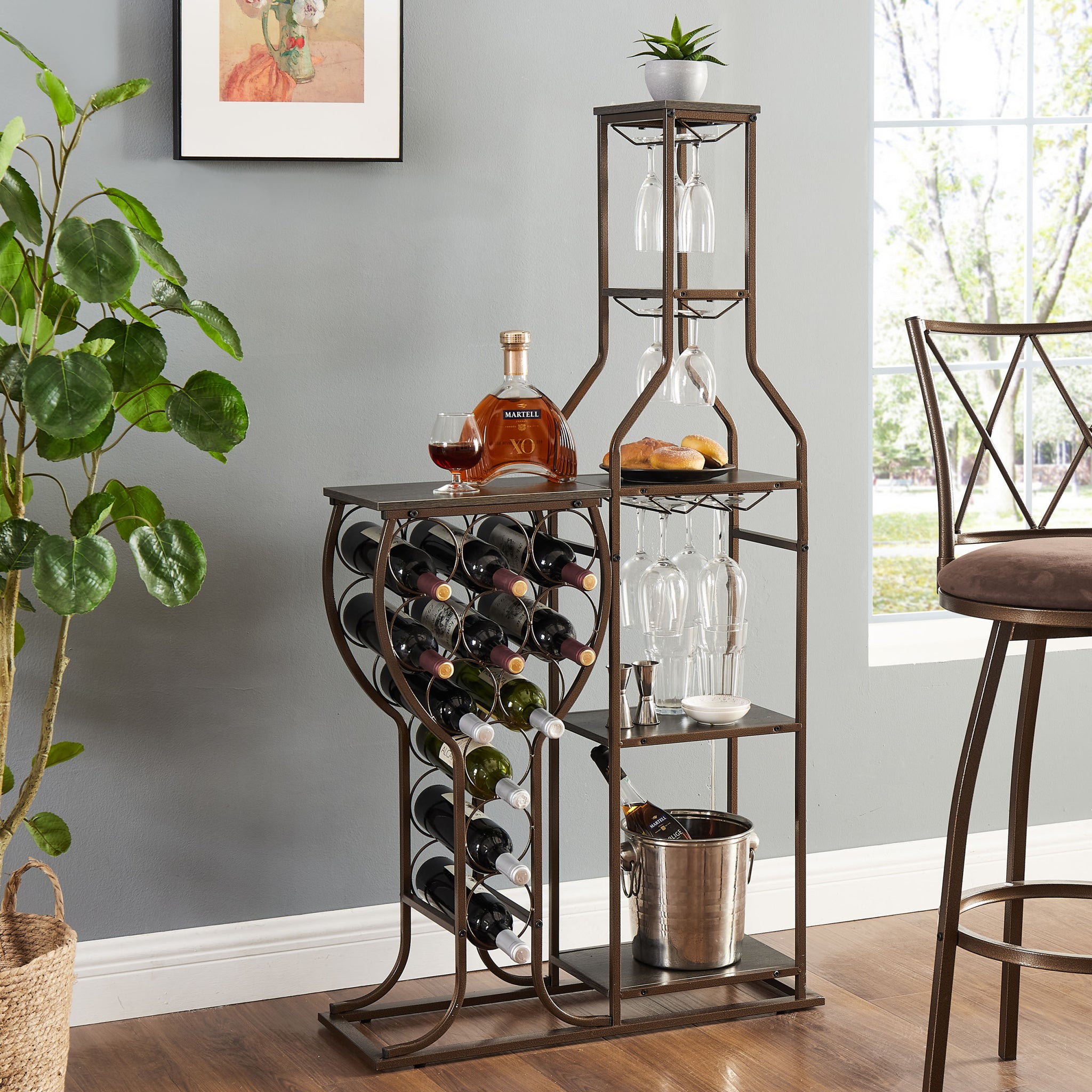 Grey 11 Bottle Wine Bakers Rack, 5 Tier Freestanding Wine Rack With Hanging Wine Glass Holder And Storage Shelves, Wine Storage Home Bar For Liquor And Wine Storagefor Kitchen, Dining Room Grey Metal & Wood Metal & Wood