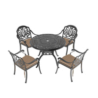 Cushions In Random Colors 5 Piece Set Of Cast Aluminum Patio Furniture With Cushions Yes Dining Set Black Seats 4 Rust Resistant Frame Water Resistant Cushion Garden & Outdoor Complete Patio Sets Aluminium