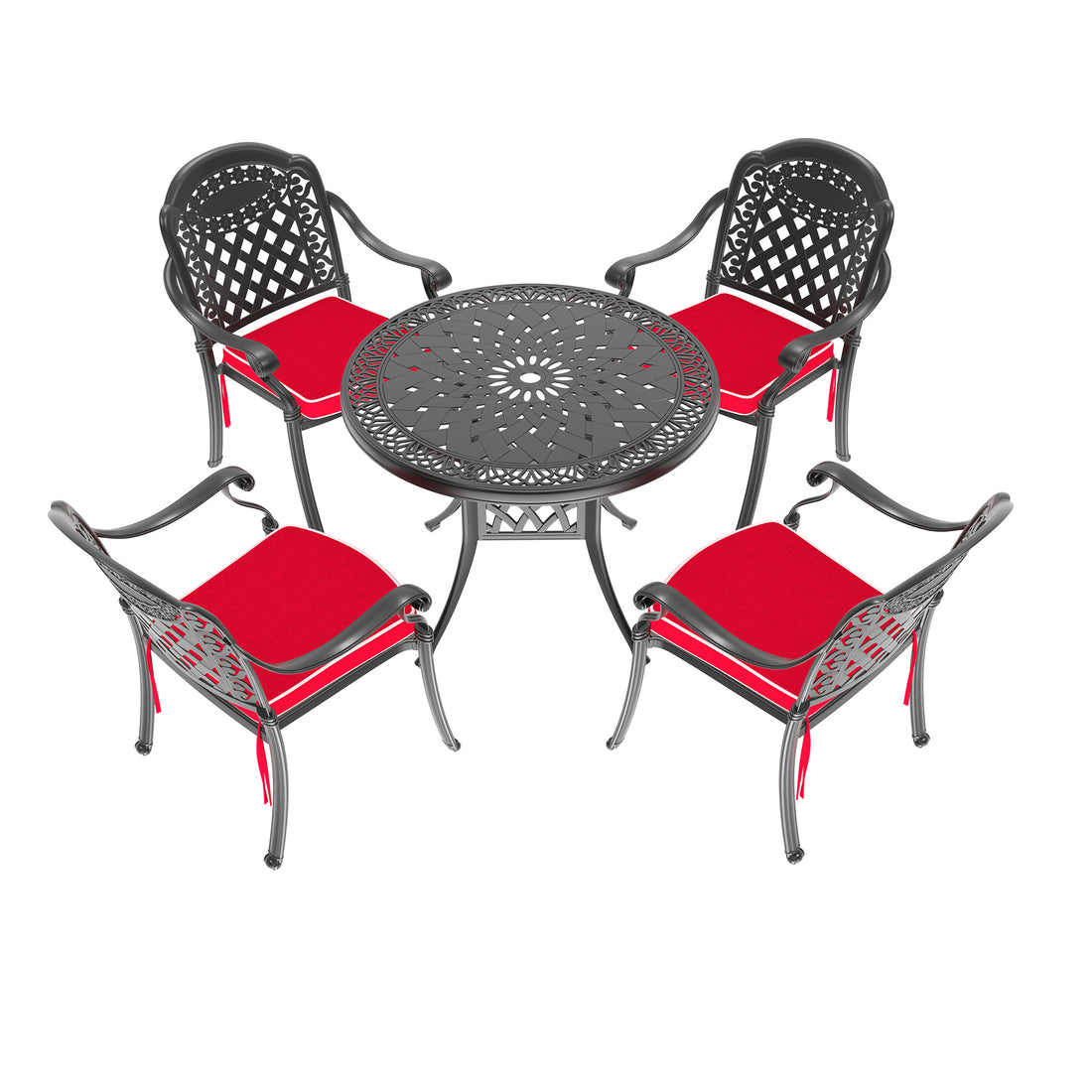 Cushions In Random Colors 5 Piece Set Of Cast Aluminum Patio Furniture With Cushions Yes Dining Set Black Seats 4 Rust Resistant Frame Water Resistant Cushion Garden & Outdoor Complete Patio Sets