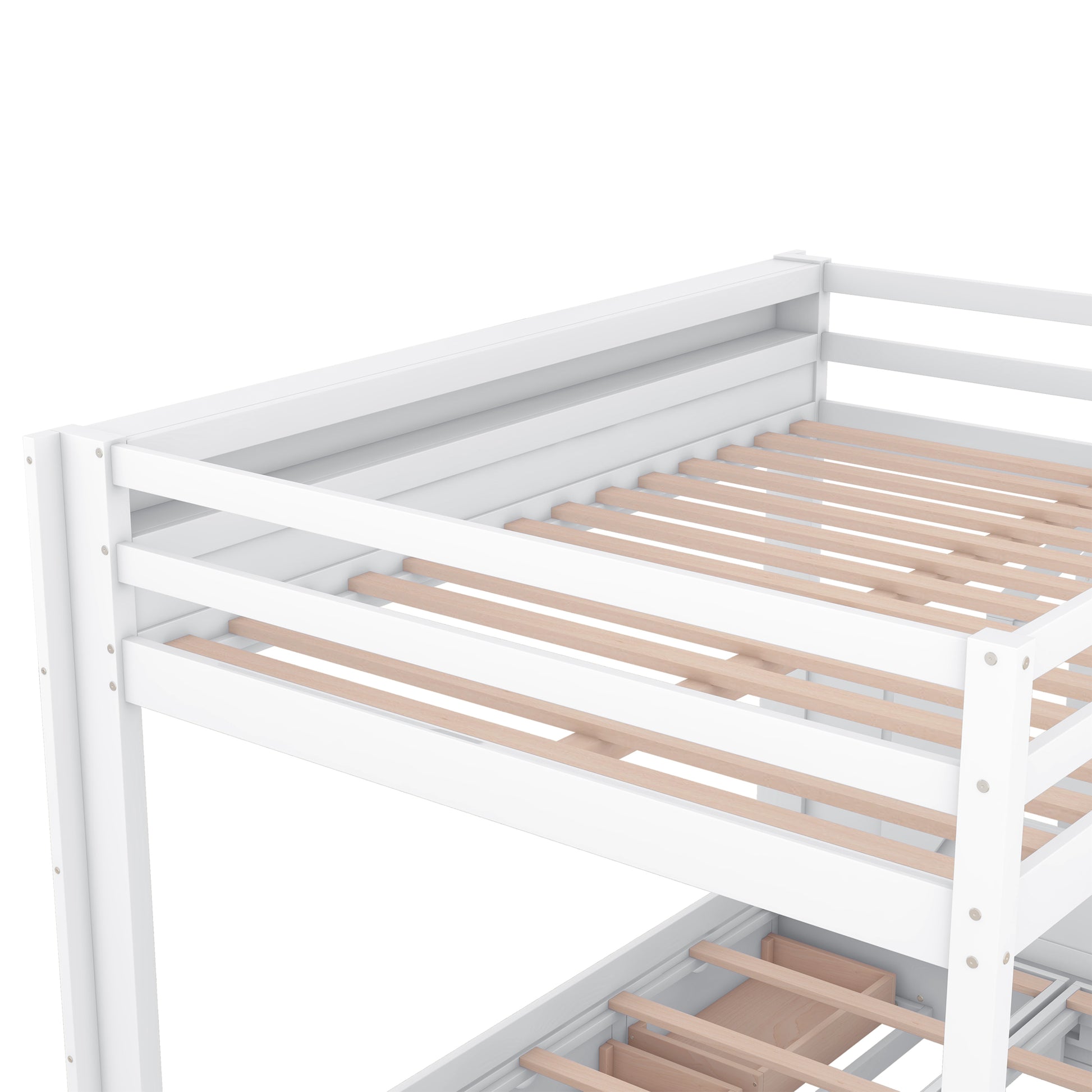 Wood Full Size Convertible Bunk Bed With Storage Staircase, Bedside Table, And 3 Drawers, White White Solid Wood Mdf