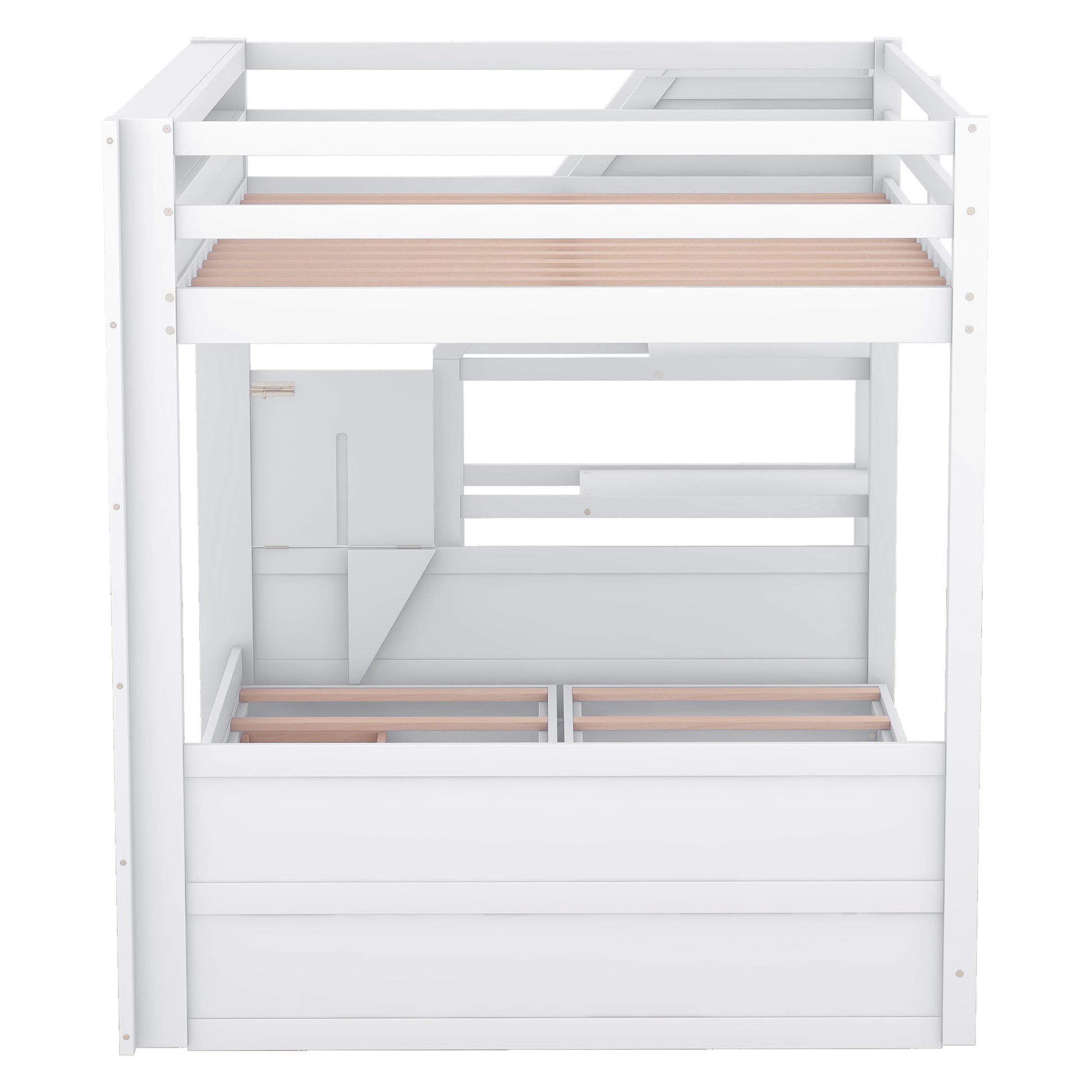 Wood Full Size Convertible Bunk Bed With Storage Staircase, Bedside Table, And 3 Drawers, White White Solid Wood Mdf