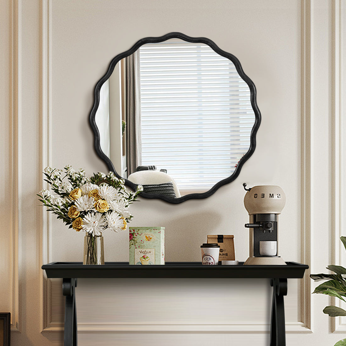 Solid Wood Wavy Mirror Black Mirror Wall Decor 31" X 31" Modern Mirror Wall Decor For Bathroom, Bedroom, Living Room, Dining Room, Cloakroom, Entryway Oval Or Circle Framed Black Living Room Medium 25In 32In Glass Solid Wood