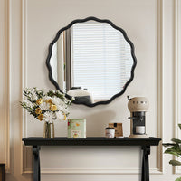 Solid Wood Wavy Mirror Black Mirror Wall Decor 31" X 31" Modern Mirror Wall Decor For Bathroom, Bedroom, Living Room, Dining Room, Cloakroom, Entryway Oval Or Circle Framed Black Living Room Medium 25In 32In Glass Solid Wood