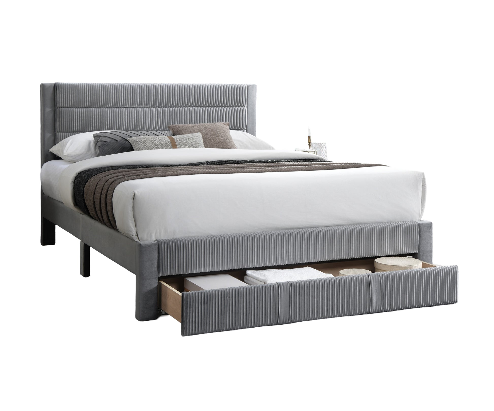 Luxury Contemporary Look 1Pc Queen Size Bed W Storage Drawer Gray Corduroy Headboard Bedframe Box Spring Not Required Queen Gray Wood Bedroom Contemporary,Modern Bed Frame Corduroy