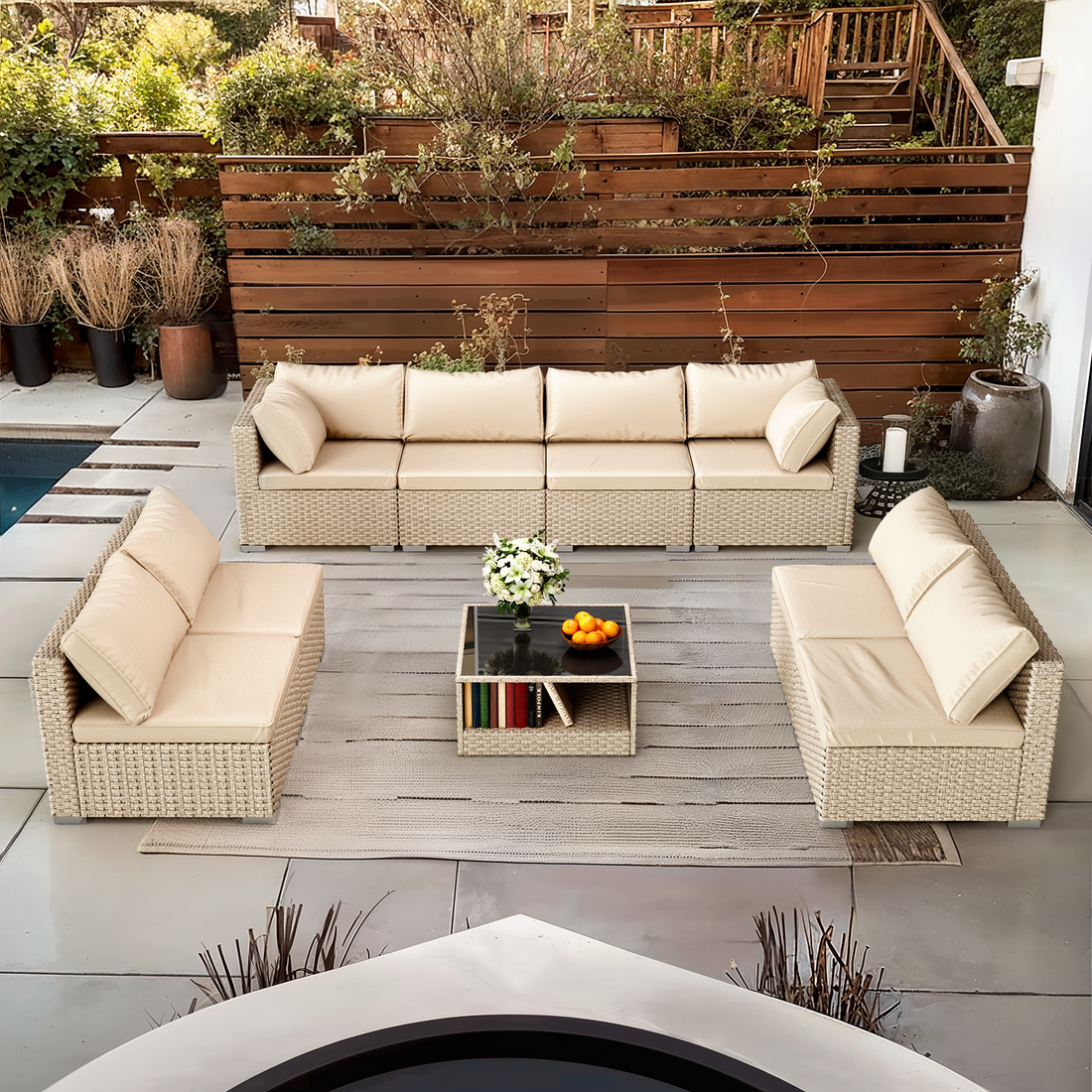 9 Piece Patio Furniture Set, All Weather Boho Outdoor Conversation Set Sectional Sofa With Water Resistant Grey Thick Cushions Beige Pe Rattan Iron Waterproof Fabric