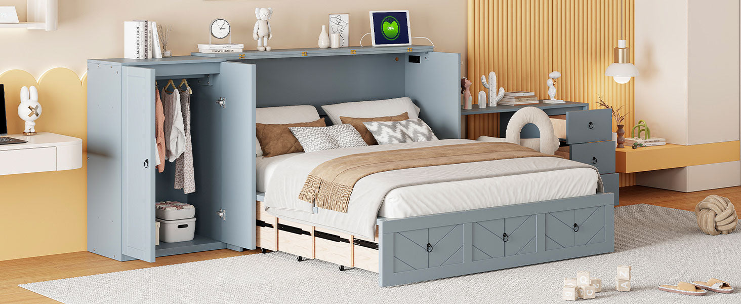 Queen Size Murphy Bed With Usb Port, Large Drawer, And Wardrobe Desk Combo Versatile Gray Cabinet Bed Queen Gray Solid Wood Mdf