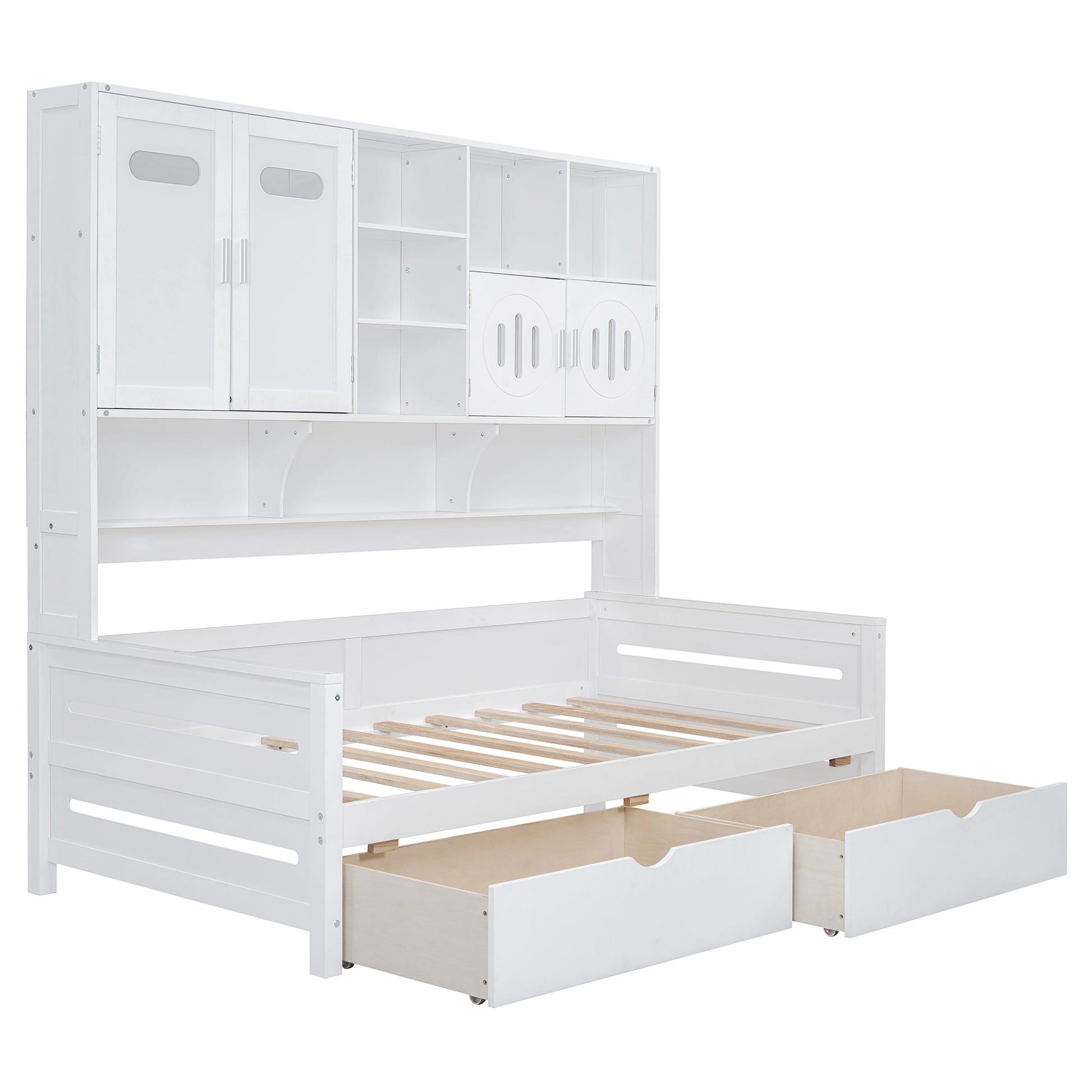 Twin Size Wooden Daybed With 2 Drawers, And All In One Cabinet And Shelf, White Twin White Wood