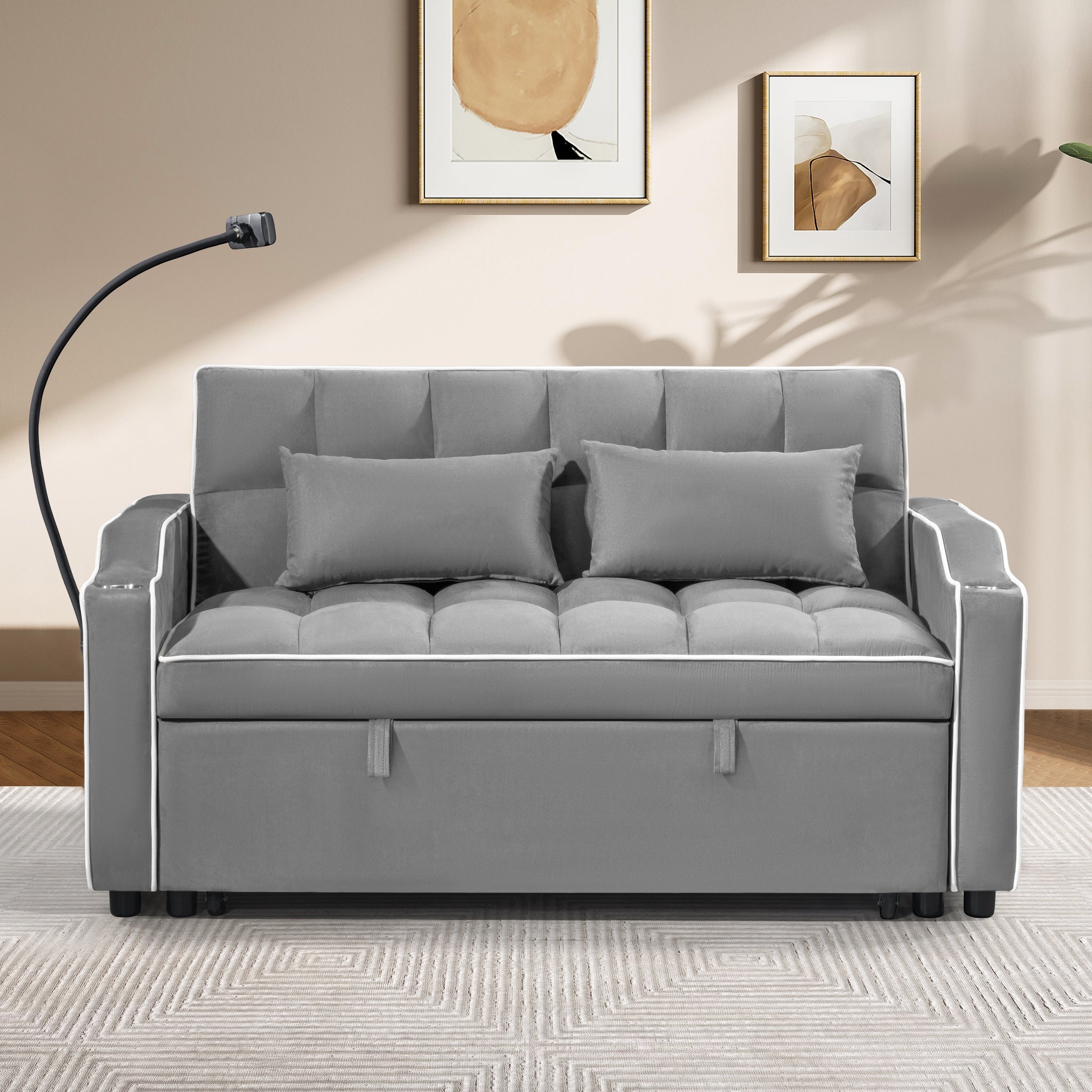 1 Versatile Foldable Sofa Bed In 3 Lengths, Modern Sofa Sofa Sofa Suede Pull Out Bed, Adjustable Back And With Usb Port And Ashtray And Swivel Phone Stand Grey Suede Plywood 2 Seat