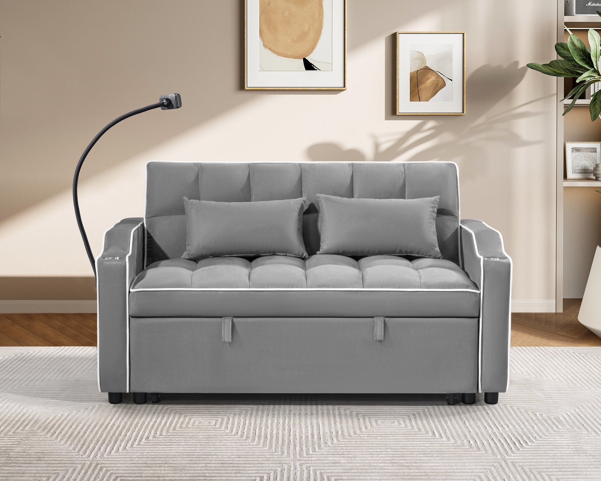 1 Versatile Foldable Sofa Bed In 3 Lengths, Modern Sofa Sofa Sofa Suede Pull Out Bed, Adjustable Back And With Usb Port And Ashtray And Swivel Phone Stand Grey Suede Plywood 2 Seat