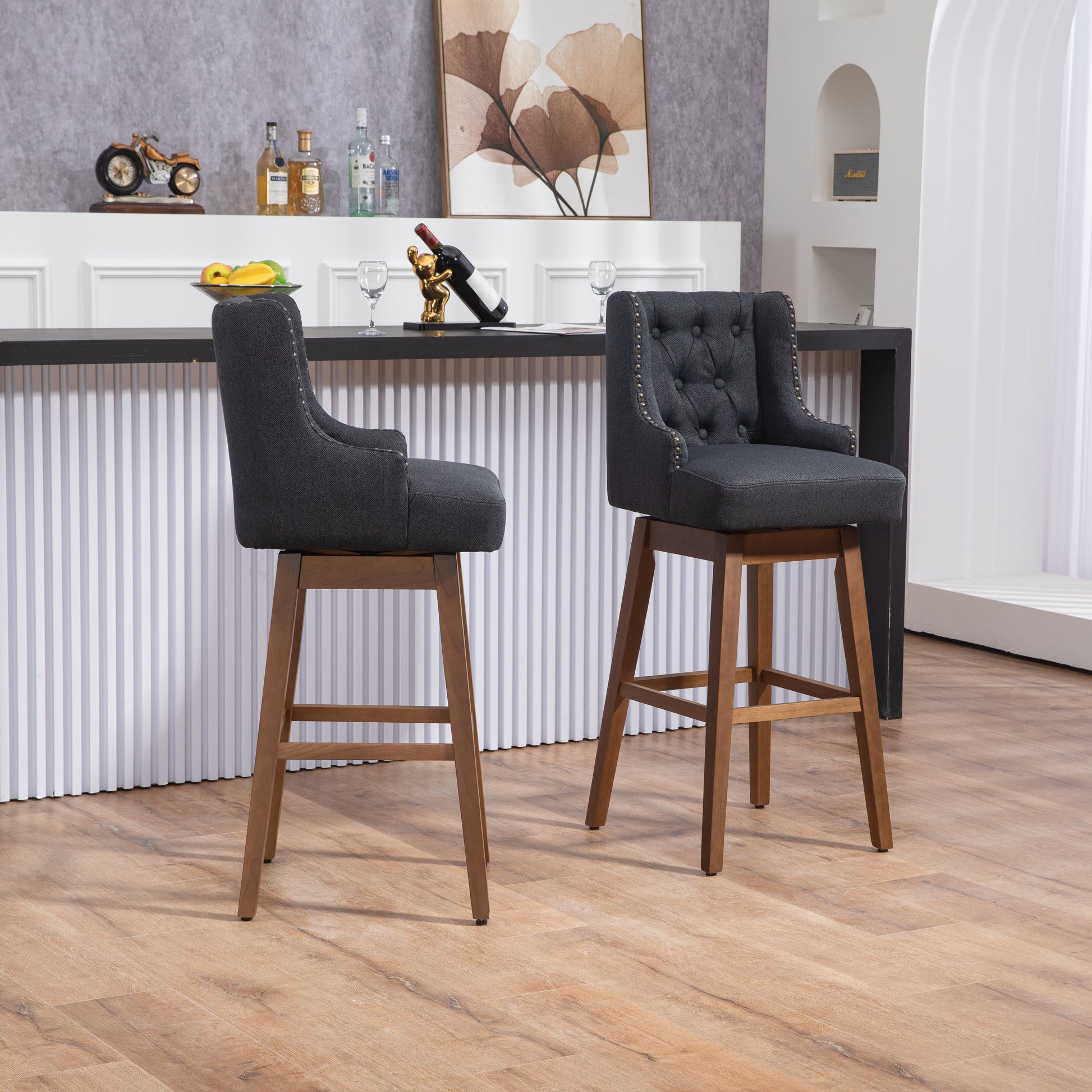 Coolmore Bar Stools Set Of 2 Counter Height Chairs With Footrest For Kitchen, Dining Room And 360 Degree Solid Wood Legs Swivel Bar Stools Set Of 2 Black Linen Black Foam Linen