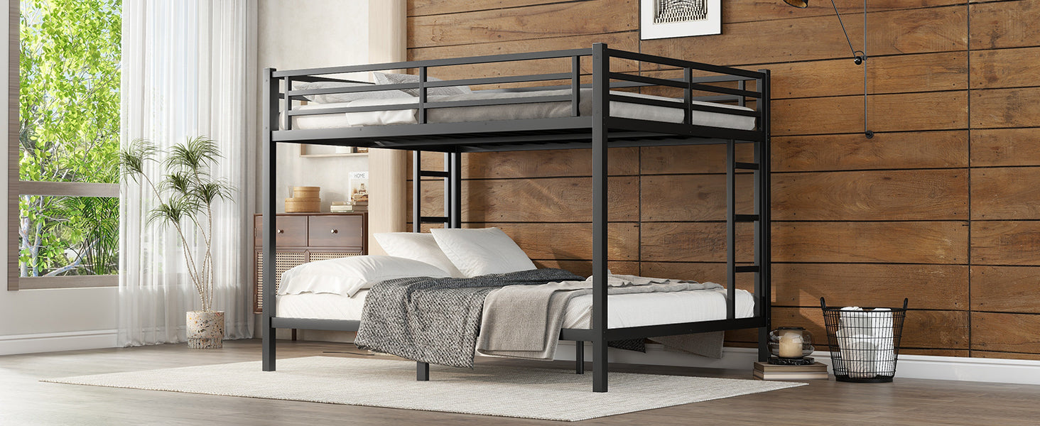 Metal Queen Over Queen Bunk Bed For Teens And Adults,Space Saving Noise Reduced No Box Spring Needed, Black Black Metal