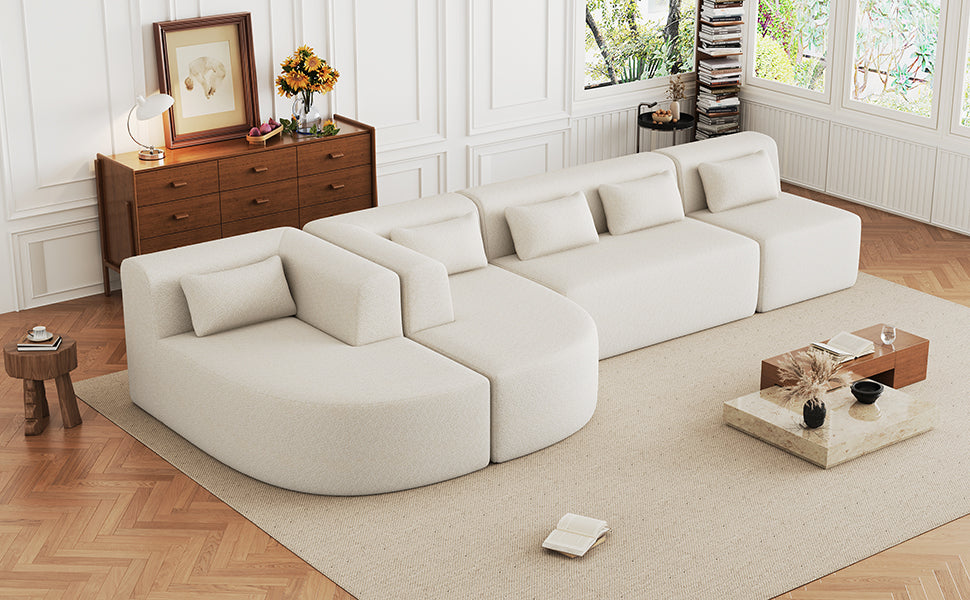 143.7" Upholstered Sofa Free Combined Sofa Couch With Two Chaise Lounge And Five Back Pillows For Living Room, Beige Beige Foam Polyester 5 Seat