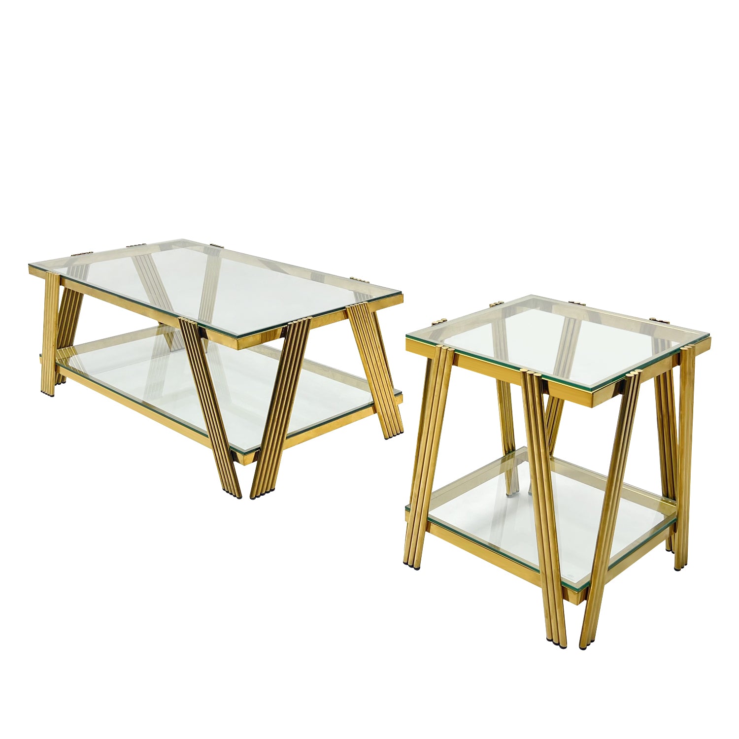 Modern Stainless Steel Coffee Table Set Set Of 2 , Double Layer Clear Tempered Glass Table Top, Coffee Table & End Side Table 2 Pieces Sets For Living Room Home Office, Gold Clear,Gold Modern Open