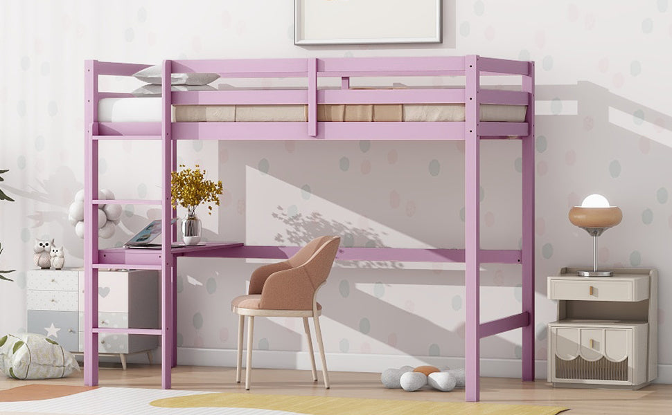 Twin High Loft Bed, Rubber Wood Loft Bed With Safety Guardrail, Built In Desk, Ladder,Pink Twin Pink Abs Rubber Steel Q235 ,Rubber Wood