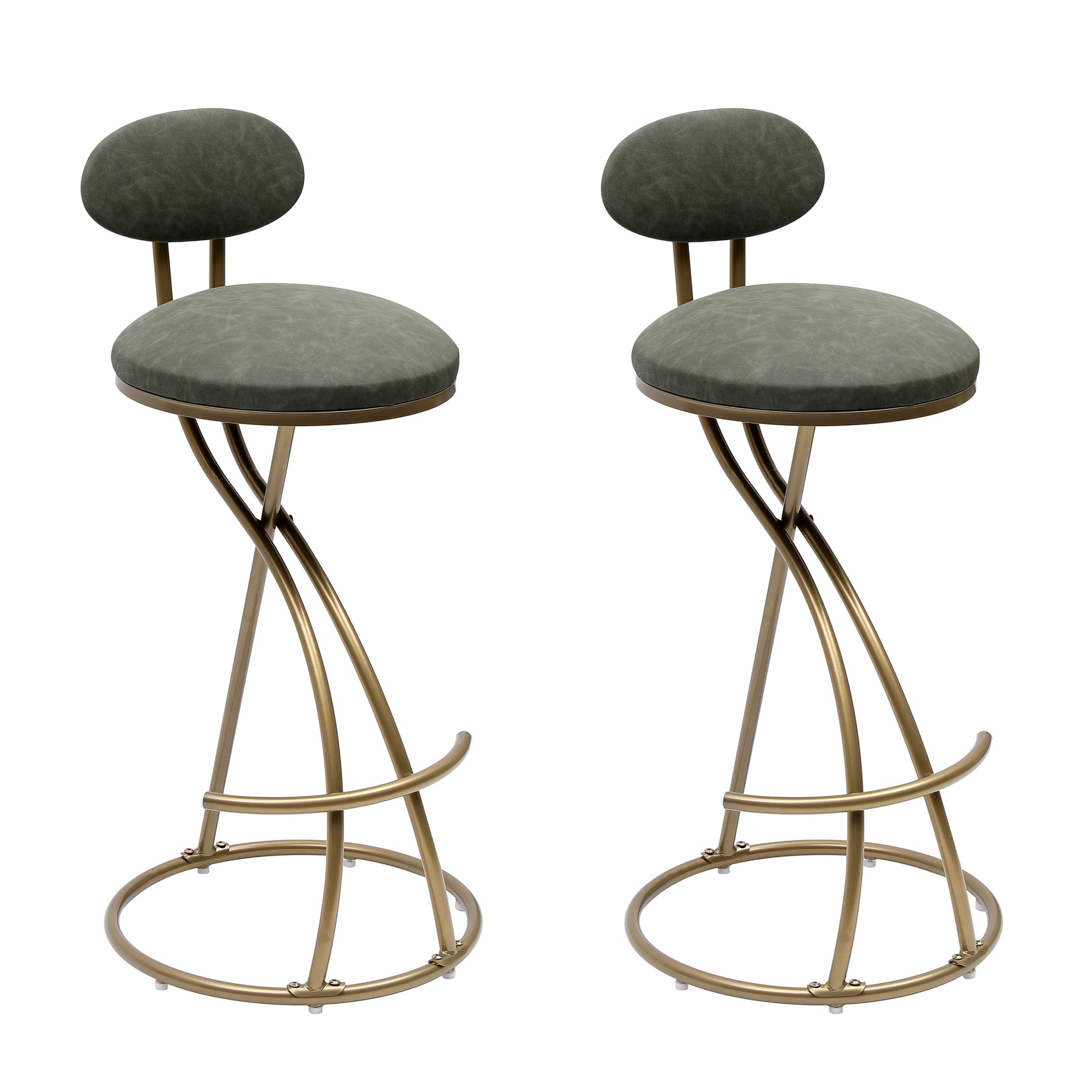 Round Bar Stool Upholstered Dining Stools For Kitchen Counter Set Of 2 Modern Dining Chairs With Backrest & Footrest Gold & Green Metal Green Kitchen Powder Coated Dry Clean Modern Set Of 2 Foam