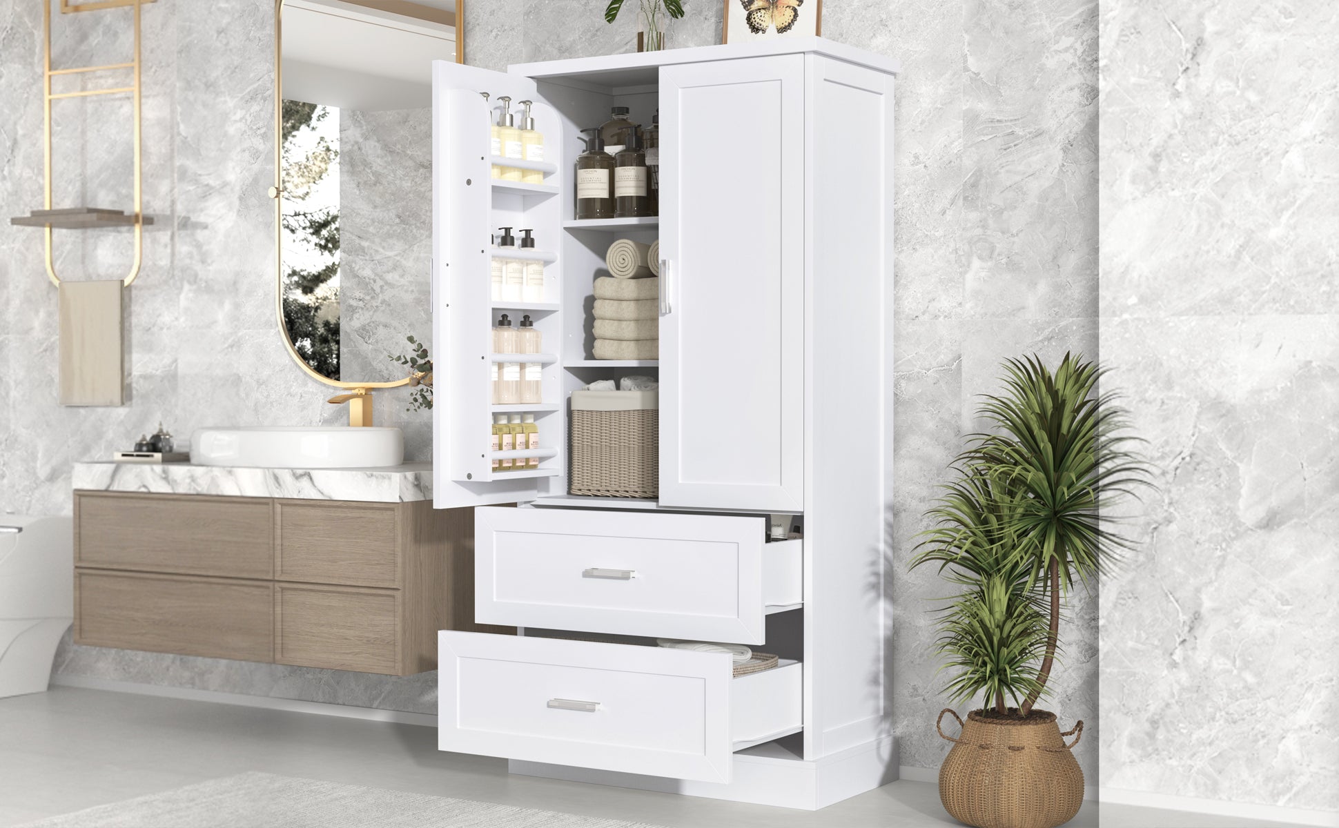 Tall Bathroom Storage Cabinet, Cabinet With Two Doors And Drawers, Adjustable Shelf, Mdf Board, White White Mdf