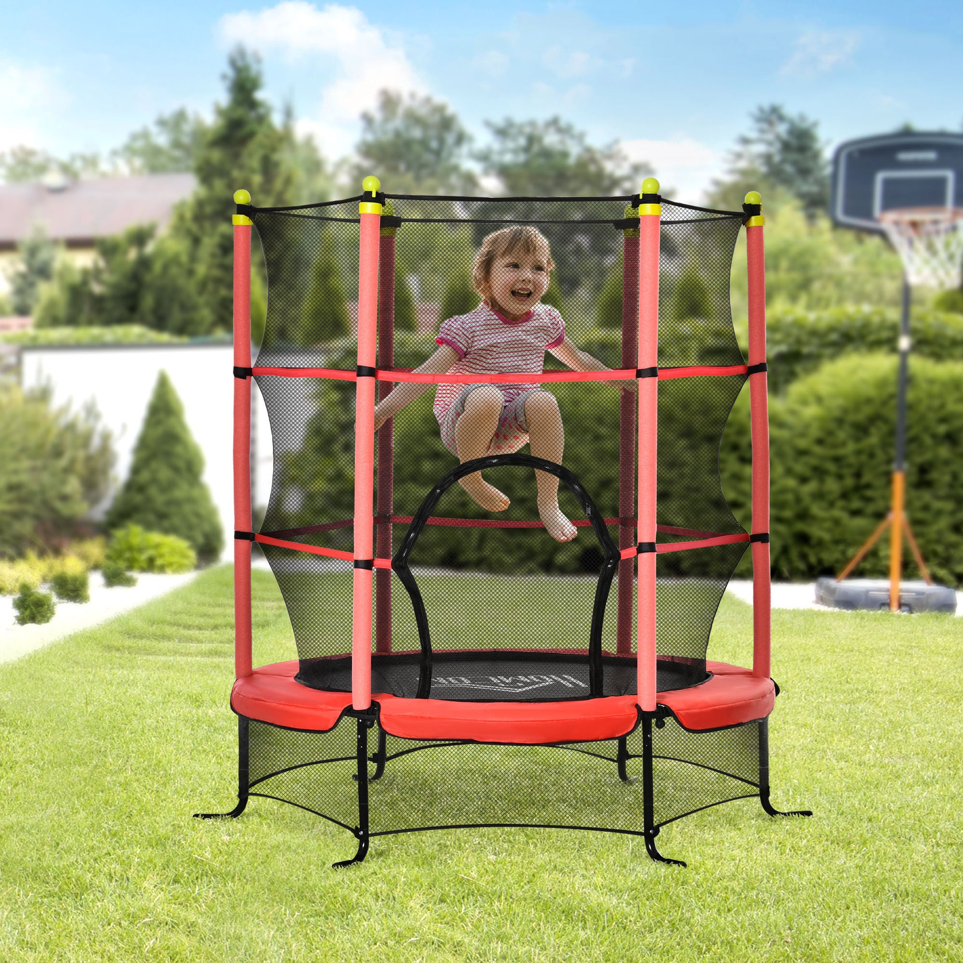 Soozier 5.3' Kids Trampoline, 64" Indoor Trampoline For Kids With Safety Enclosure For 3 10 Year Olds, Indoor & Outdoor Use, Red Red Steel