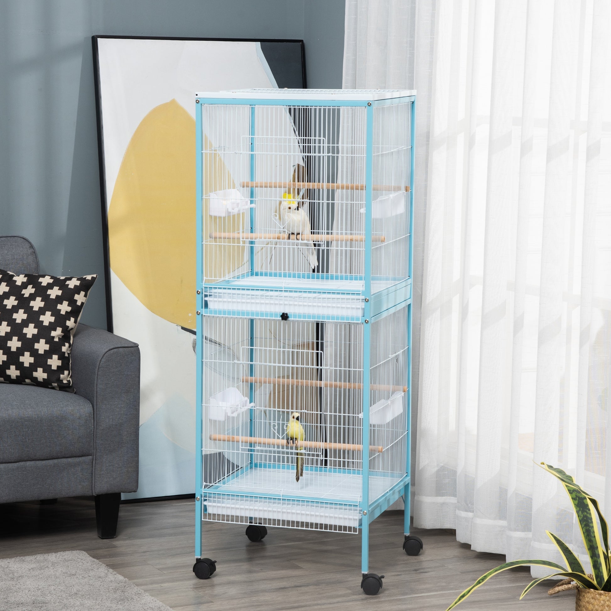 Pawhut Large Bird Cage With 1.7 Ft. Width For Wingspan, Bird Aviary Indoor With Multi Door Design, Fit For A Canary, Finch, Conure, 55", Light Blue Light Blue Steel