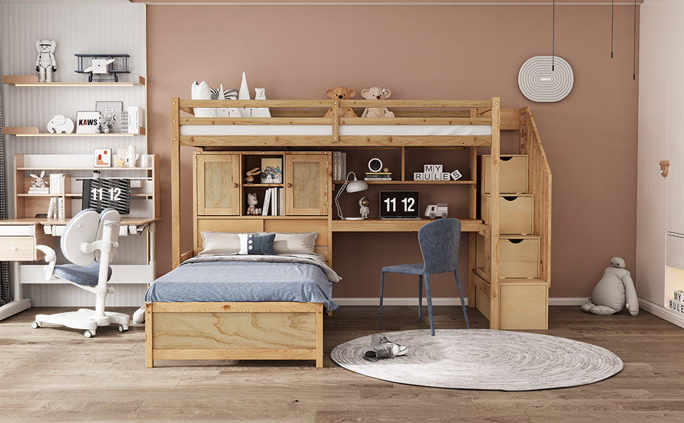 Twin Over Twin Loft Bed With Built In Desk And Staircase, With Storage Compartments And Shelves, Natural Twin Box Spring Not Required Natural Wood Pine