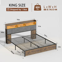 Bed Frame King Size With Storage Headboard And 2 Drawers, Upholstered Platform Bed With Charging Station And Led Light, Heavy Duty Frame Support, No Box Spring Needed, Noise Free, Dark Brown Box