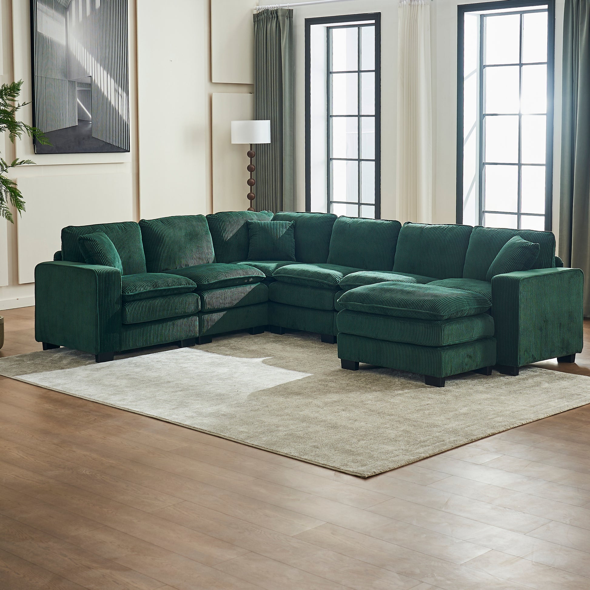 Modern U Shaped 6 Seat Sectional Sofa Couch With One Ottoman And Three Toss Pillows ,Modular Sofa For Living Room,Corduroy Sofa Green Corduroy 7 Seat