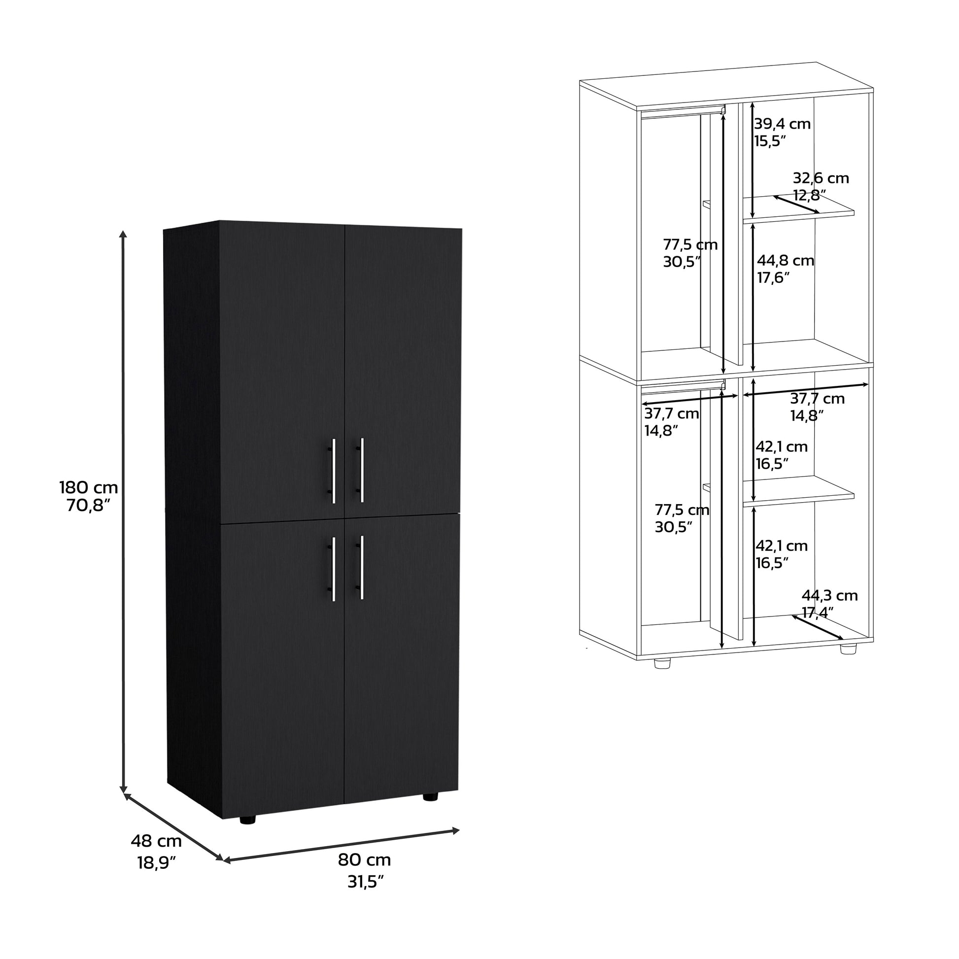 Armoire Wardrove 70" H, Double Doors, 6 Shelves, 2 Hanging Rods, Black Black Solid Wood Mdf Engineered Wood