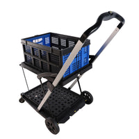 Folding Service Cart With Wheels Double Decker, Shopping, Library, Office Warehouse Moving Carts Black Blue Plastic