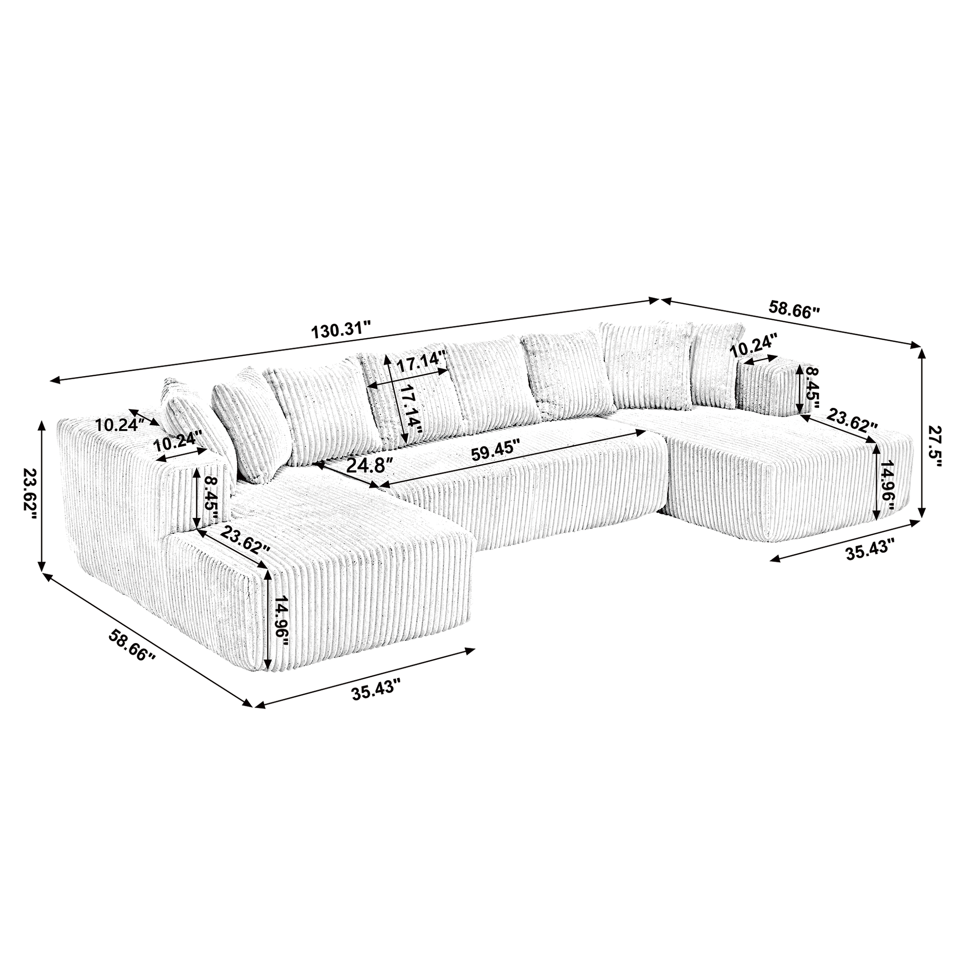 Arrived 131'' Modular Sectional Couch, U Shaped Sofachaise Lounge, Striped Fabric,Upholstered 4 Seater Couch For Living Room, Bedroom, Free Combination Sofa Corduroy , Gray Gray Polyester Primary