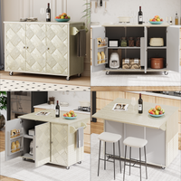 K&K 51.2"W Ash Veneer Not Cheap Paper Solid Wood Handwoven Kitchen Island With Drop Leaf, Coastal Kitchen Island On Wheels With Internal Storage Rack, Rolling Kitchen Cart, Champagne Champagne