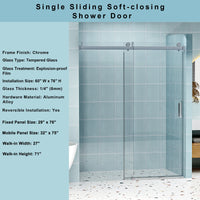 56" 60" W X 76" H Frameless Soft Closing Single Sliding Shower Door, 1 4" 6Mm Tempered Glass With Explosion Proof Coating Via Express Delivery, Chrome 24D01 60Chx Chrome Bathroom Tempered Glass