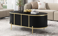 Modern Luxury Oval Shaped Fluted Coffee Table, Marble Patterned Top Coffee Table With 2 Cabinets, Metal Legs And Handles For Living Room, Black Date Of Expected Arrival: 11.20 Black Mdf