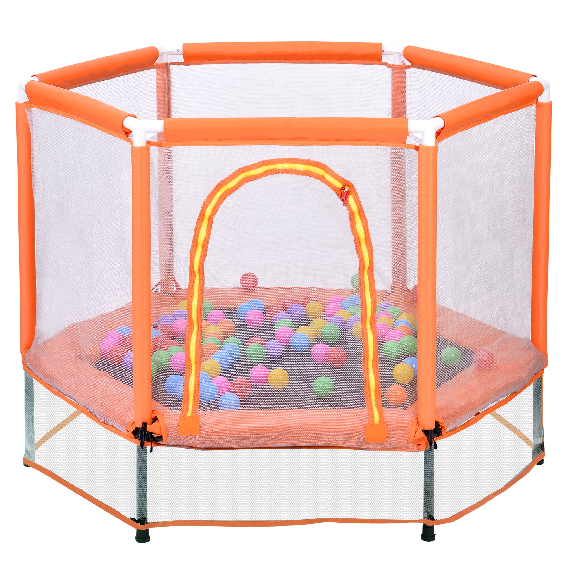 55'' Toddlers Trampoline With Safety Enclosure Net And Balls, Indoor Outdoor Mini Trampoline For Kids Orange Metal