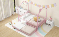 Full Size Metal House Bed With Fence, With Trundle, Pink Full Pink Metal