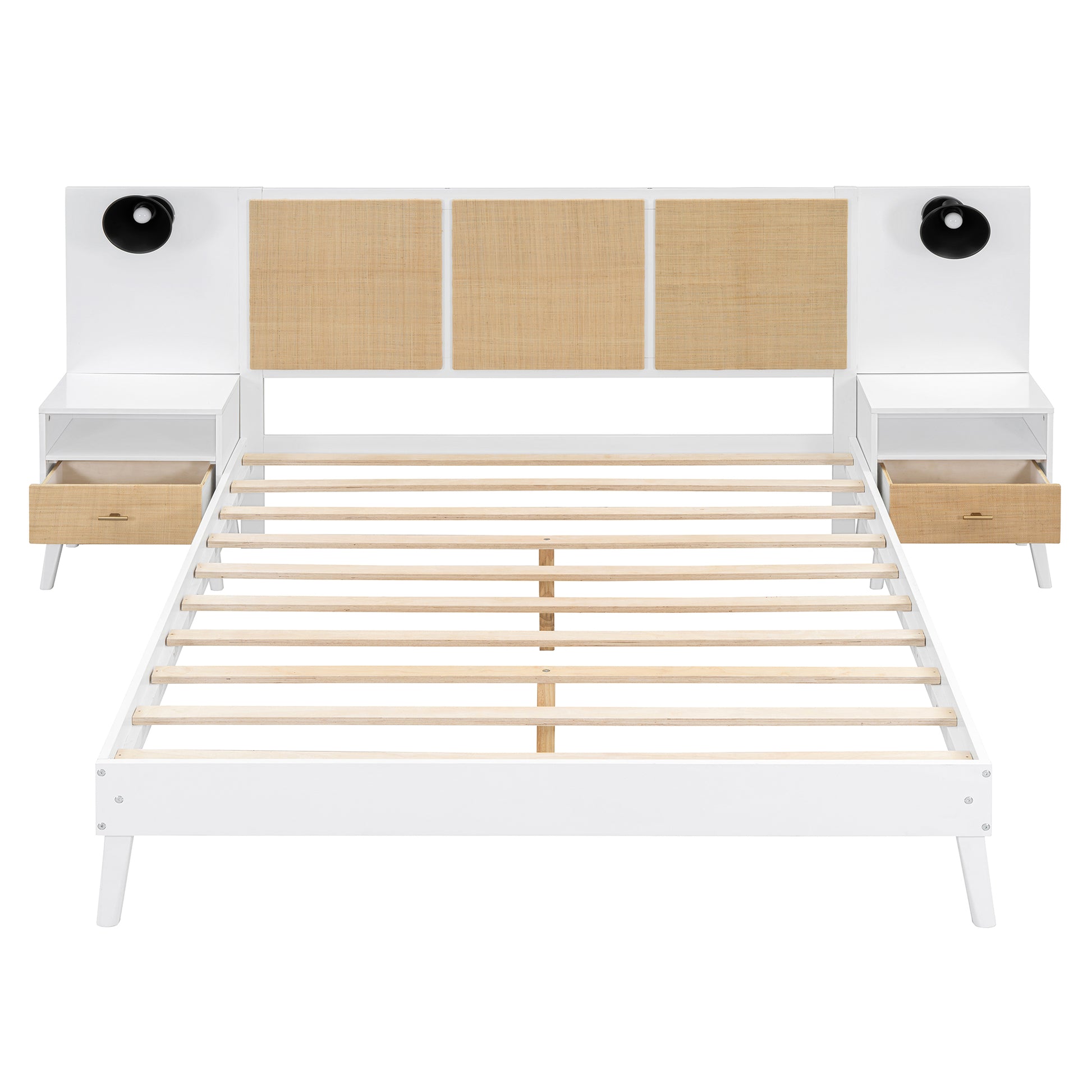 Queen Size Solid Wood Bed Frame With 2 Nightstands, Elegant Design With Lamps, Rattan And Wood Combination,White Queen White Wood