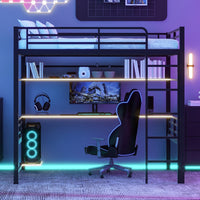 Full Size Metal Loft Bed Frame With Storage Shelf And Led Light,Iron Mesh,Black Expected Arrival Time:10.10 Black Metal