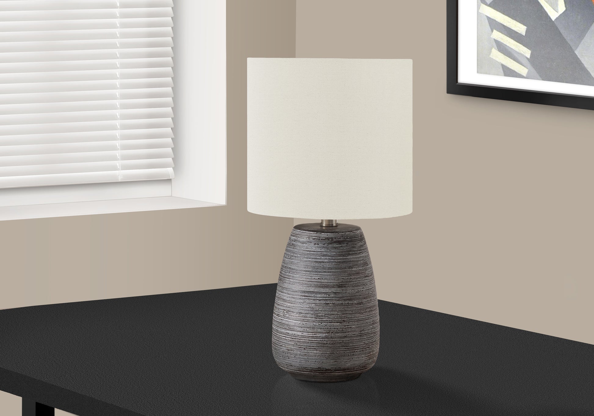 Lighting, 19"H, Table Lamp, Grey Ceramic, Ivory Cream Shade, Contemporary Grey Ceramic