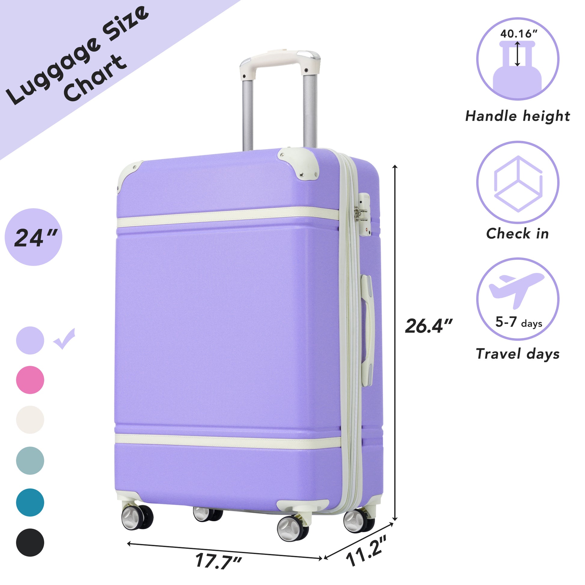 Hardshell Luggage With Tsa Lock24" Expandable Lightweight Suitcase With Spinner Wheels, Single Vintage Luggage,Purple Purple Abs