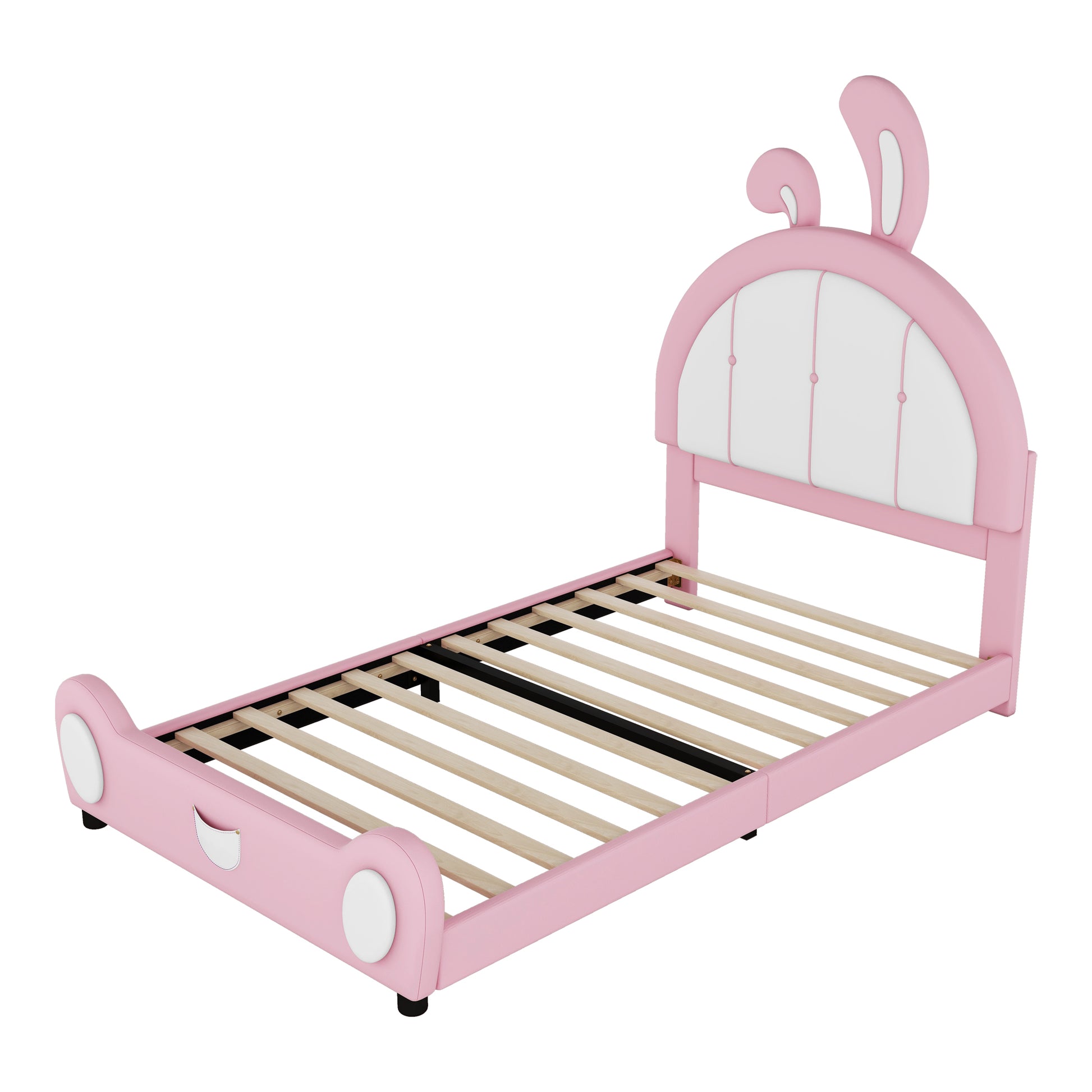 Twin Size Upholstered Platform Bed With Rabbit Shaped Headboard, Pink Box Spring Not Required Twin Pink White Wood Bedroom Bed Frame Faux Leather Upholstered