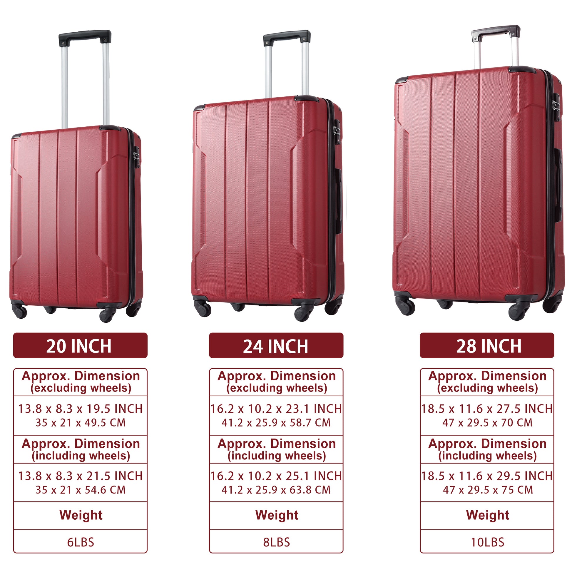 Luggage Sets 3 Piece, Expandable Hard Shell Abs Suitcases With Double Spinner, Travel Luggage Set With Tsa Lock 20 24 28Inch, Red Red Abs