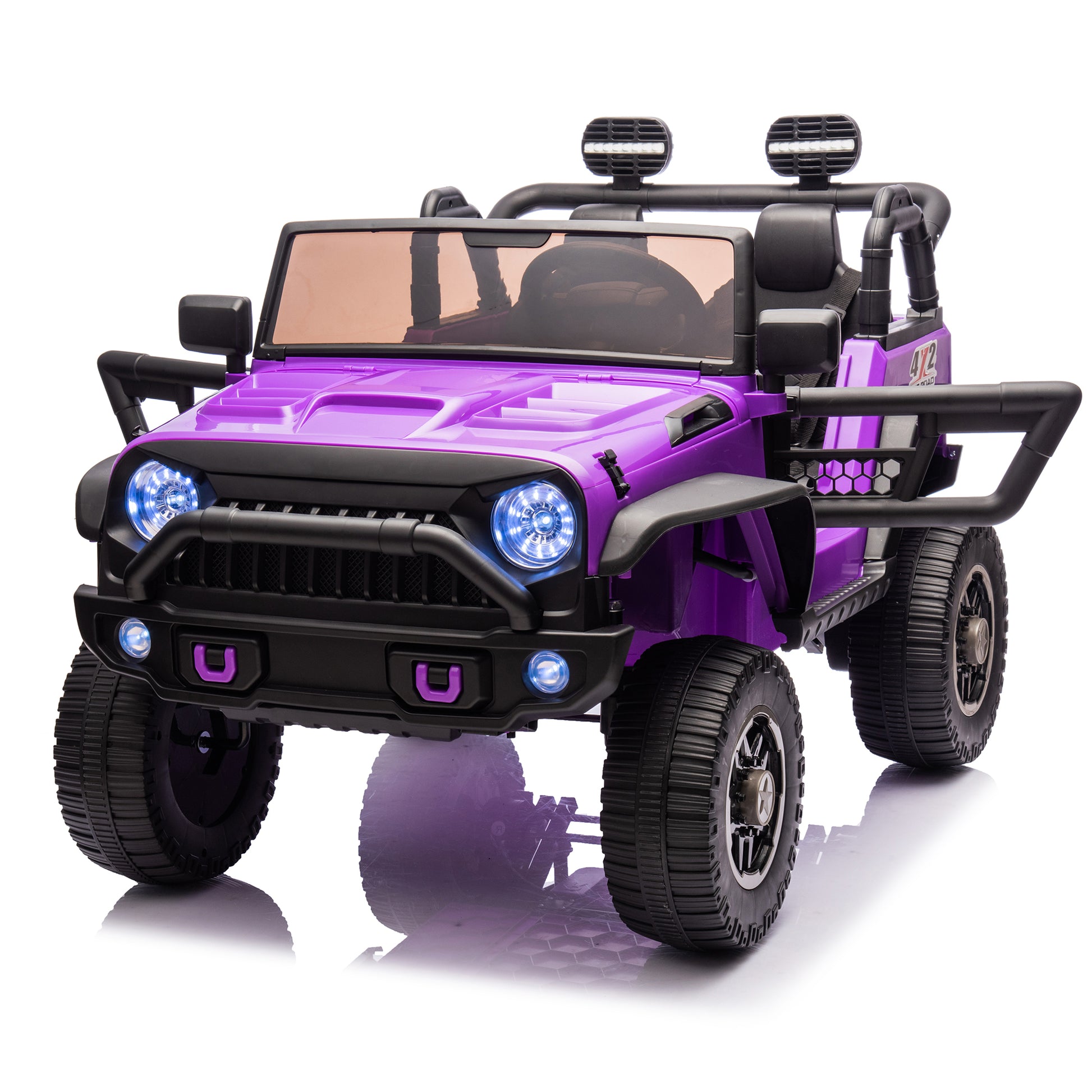 24V Two Seater Kids Ride On Truck Car W Parents Control,200W*2,Seat Width 20.28In,Four Wheel Suspension,Led Lights,Music,Mp3,Bluetooth,Two Independent Seat Belts,Suitable For Off Road For Kids Aged 3 Purple 100 149 Lbs Polypropylene