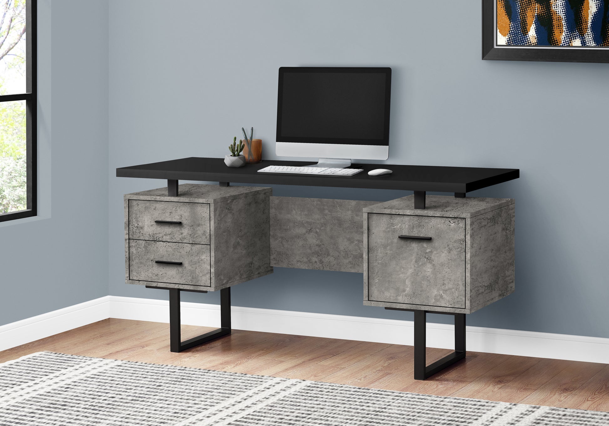 Computer Desk, Home Office, Laptop, Left, Right Set Up, Storage Drawers, 60"L, Work, Black And Grey Concrete Laminate, Black Metal, Contemporary, Modern Black Particle Board