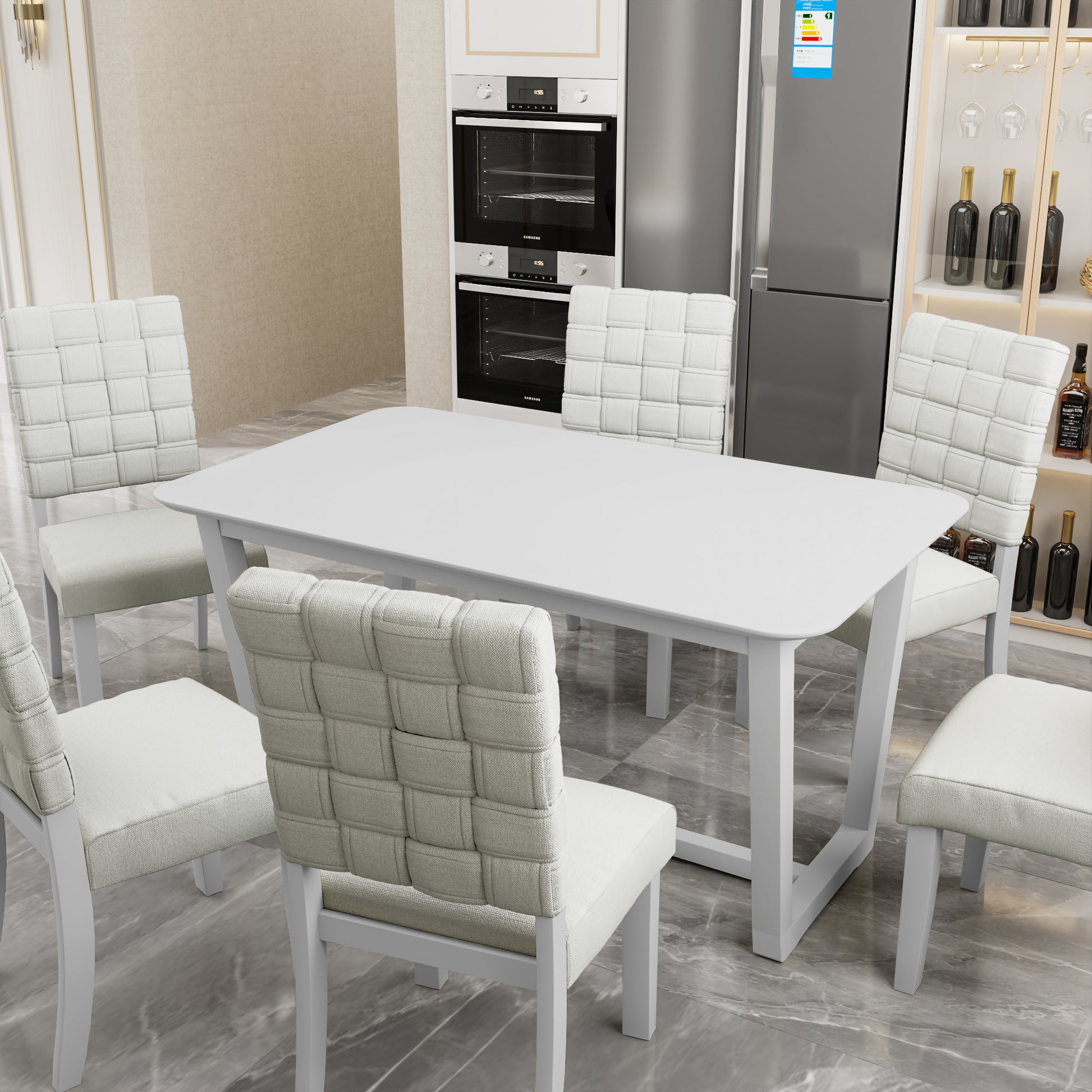 Fx D1 D1Dining Set Include 6*Chair Light Beige Colorlinen & Rubber Wood White Color Legs And 1*Table Light Grey Withe Color Total 7 Pcs Light Beige Wood Fabric