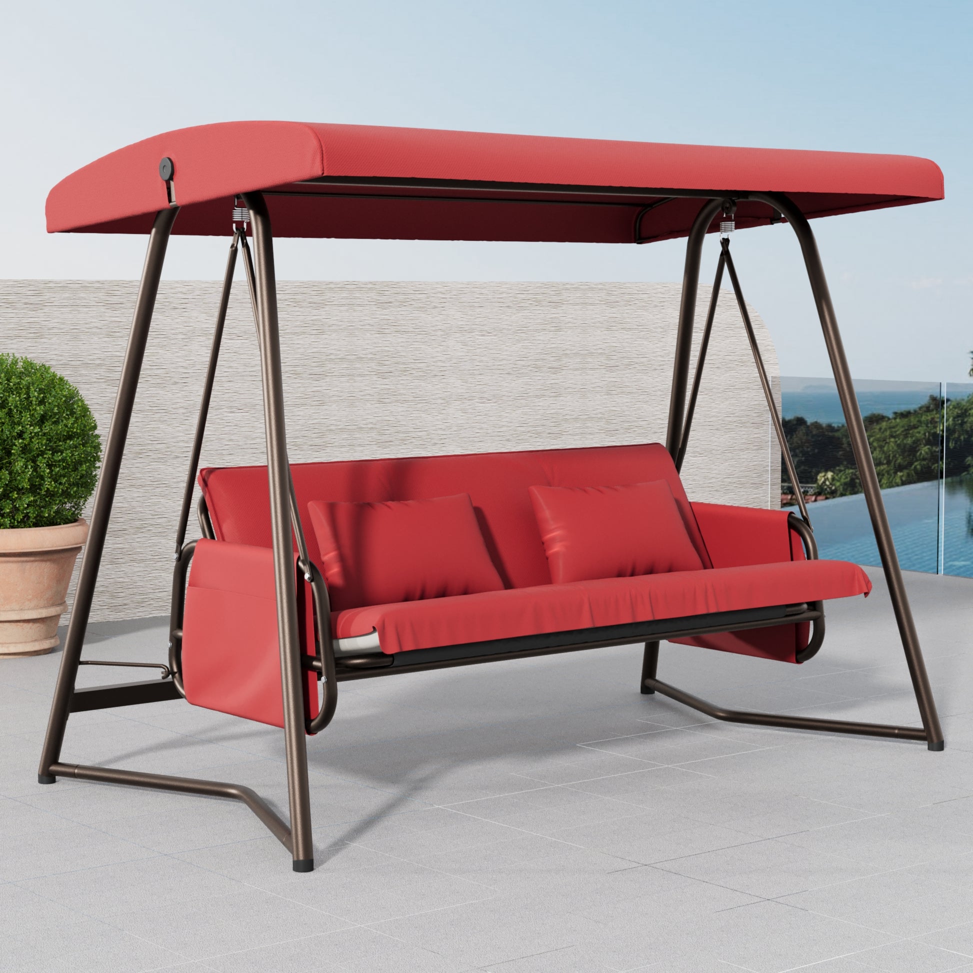 Outdoor Patio 3 Seaters Metal Swing Chair Swing Bed With Cushion And Adjustable Canopy Red Color Yes Red Weather Resistant Frame Garden & Outdoor Foam Metal