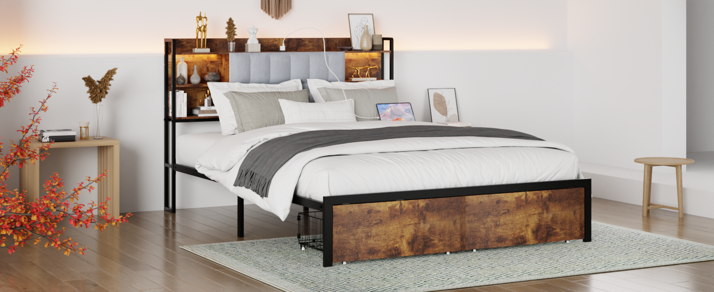 Queen Size Bed Frame With 2 Storage Drawers And Led Lights Headboard, Upholstered King Bed Frame With Charging Station, No Box Spring Needed, Easy Assembly Box Spring Not Required Queen Dark Brown