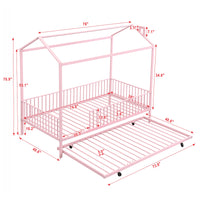 Twin Size Metal House Bed With Fence, With Trundle, Pink Expected Arrival Time: 10.18 Twin Pink Metal